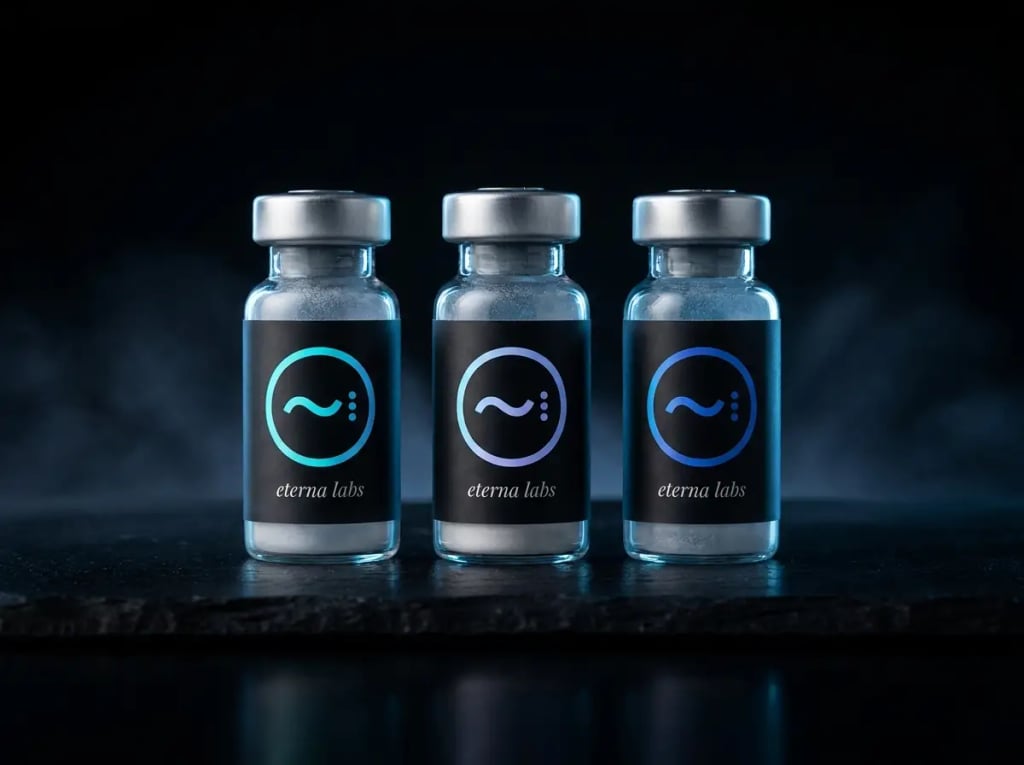 Three Eterna Labs research peptide vials with the eterna mark on polished black slate